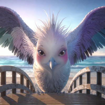 The primary subject of the image is a bird, specifically a white bird with a pink beak, standing on a wooden fence. The bird appears to be looking at the viewer. The setting is a beach, with the ocean visible in the background. The visual style of the image is a digital art or illustration, giving it a unique and creative appearance. The colors and mood of the image are predominantly white and pink, with a hint of blue from the ocean, creating a serene and peaceful atmosphere.